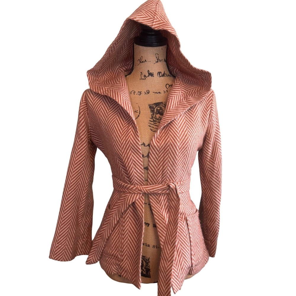 Tucker Hooded Chevron Wool-Blend Cardigan in Rust and Cream